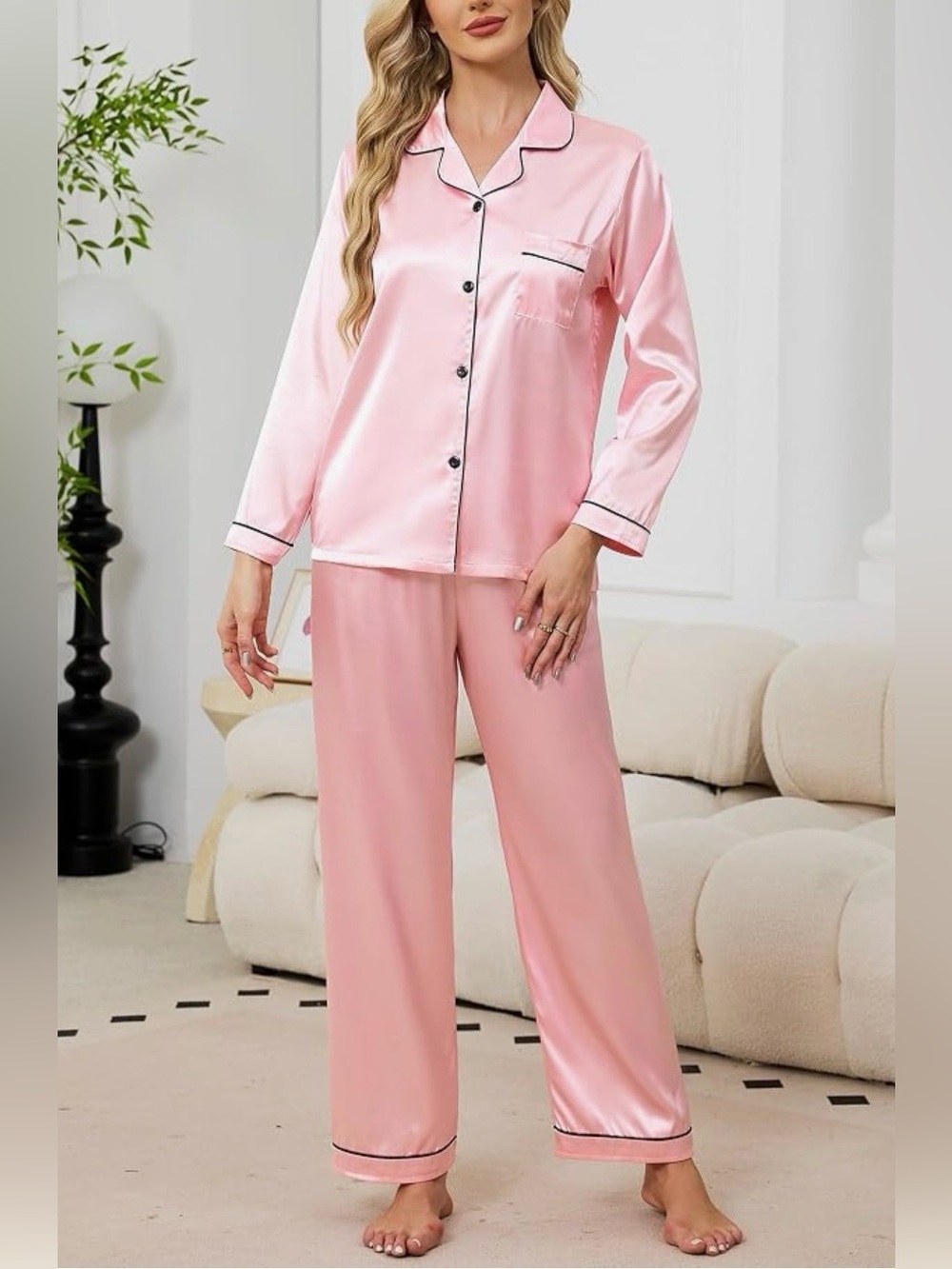 Schbbbta 2-Piece Silky Satin Pajama Set Pink Medium NWT